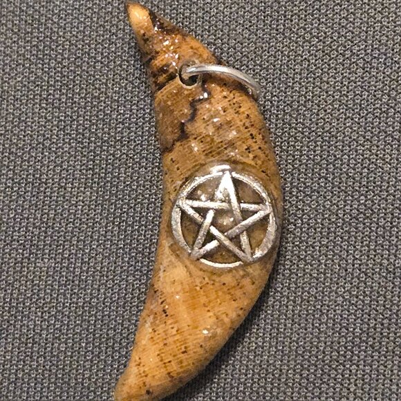 Hand Carved Wood Crescent Moon Pendant Blue with Our Lady of Guadalupe Medallion - Picture 3 of 8